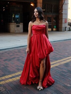 NWT!!! Macduggal Red Strapless Ruched High Low Gown